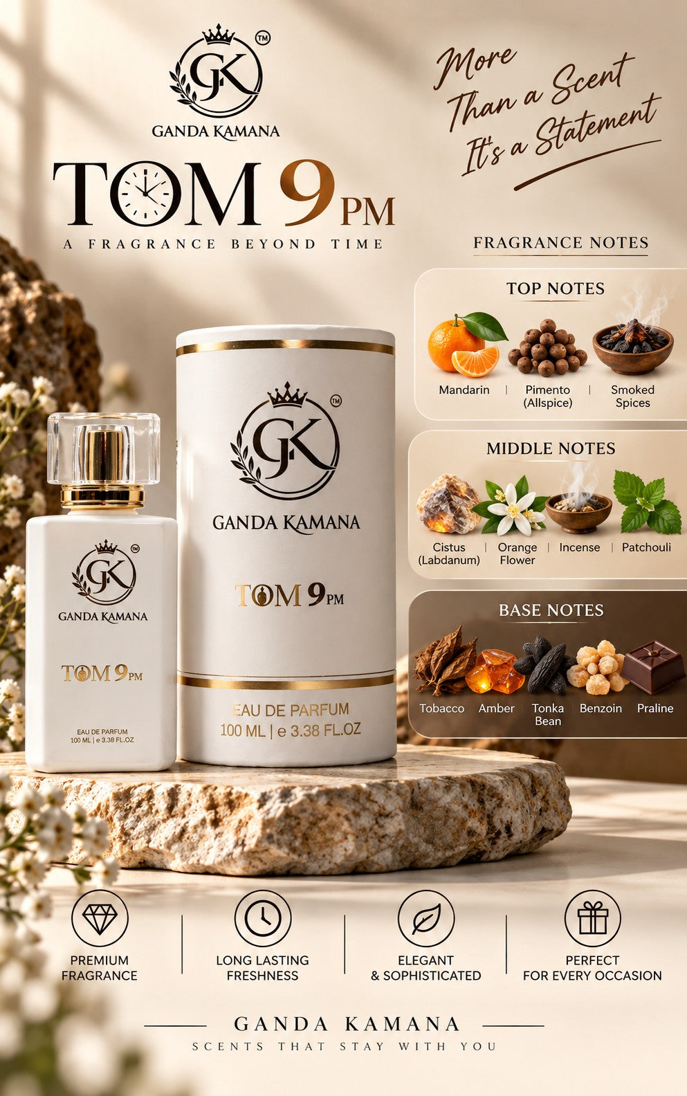 GANDA KAMANA TOM 9 PM Eau De Parfum for Men 100ML | Long Lasting Premium Fragrance