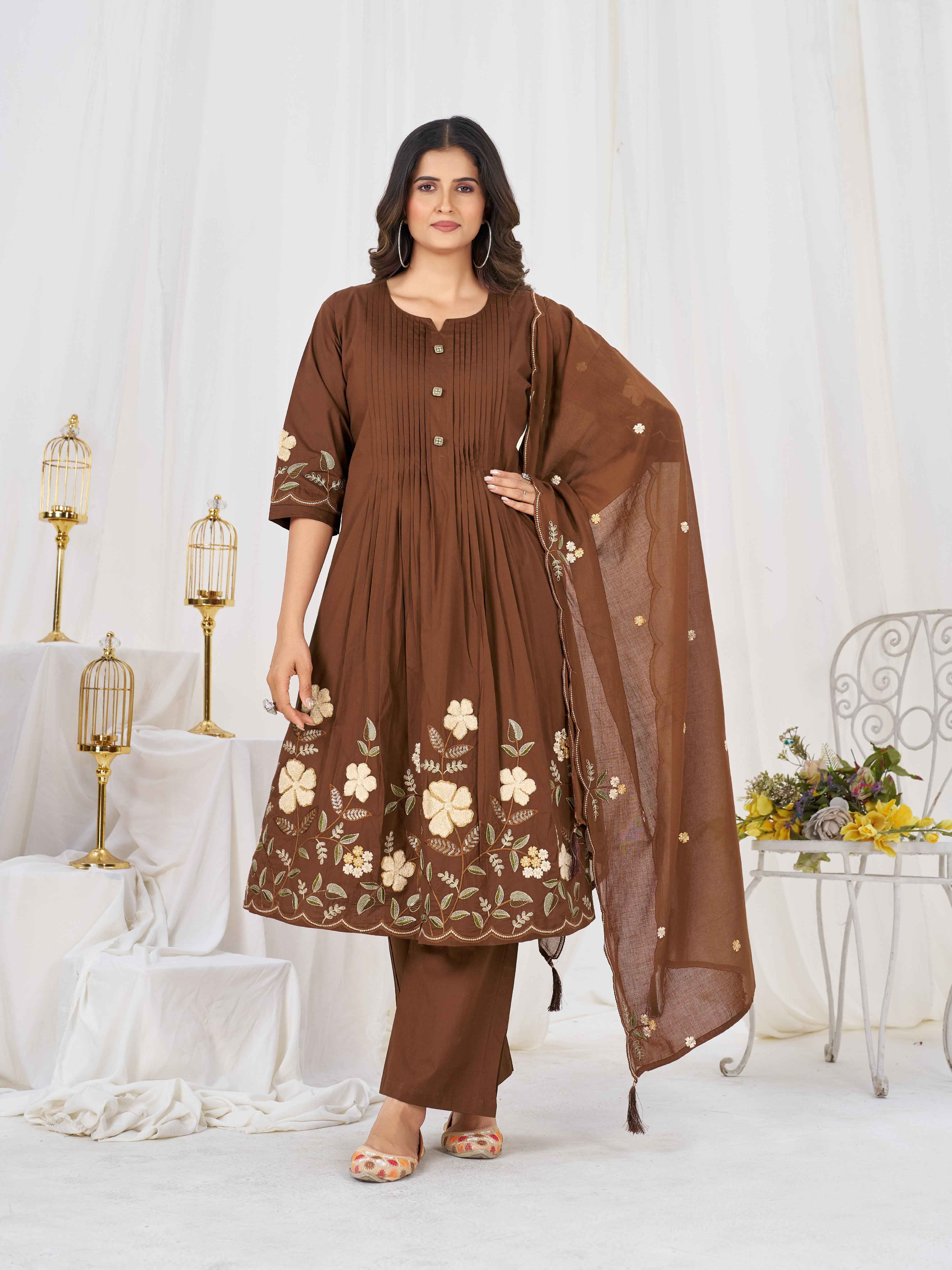 Brown Floral Embroidered Cotton Suit Set with Dupatta