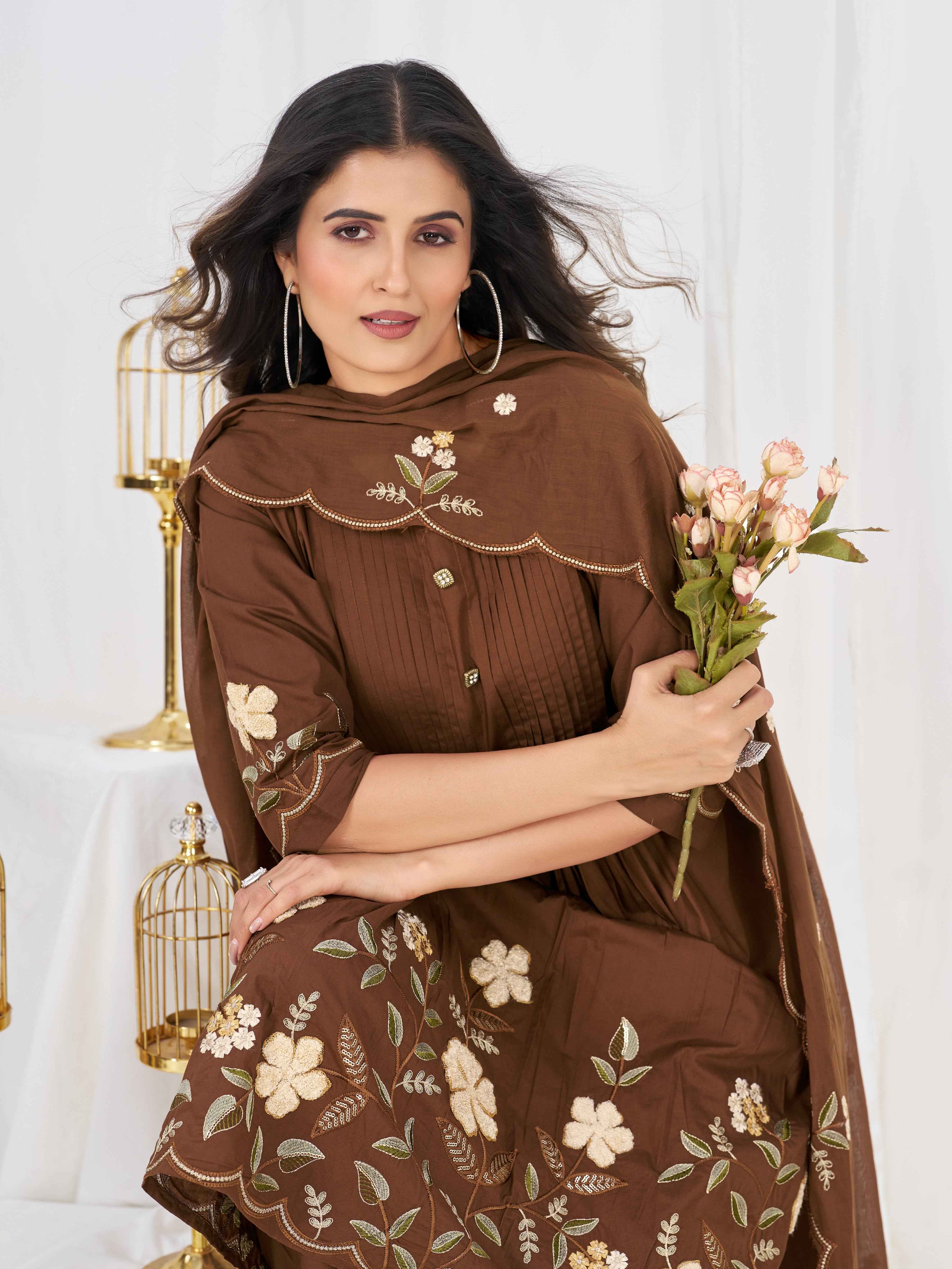 Brown Floral Embroidered Cotton Suit Set with Dupatta