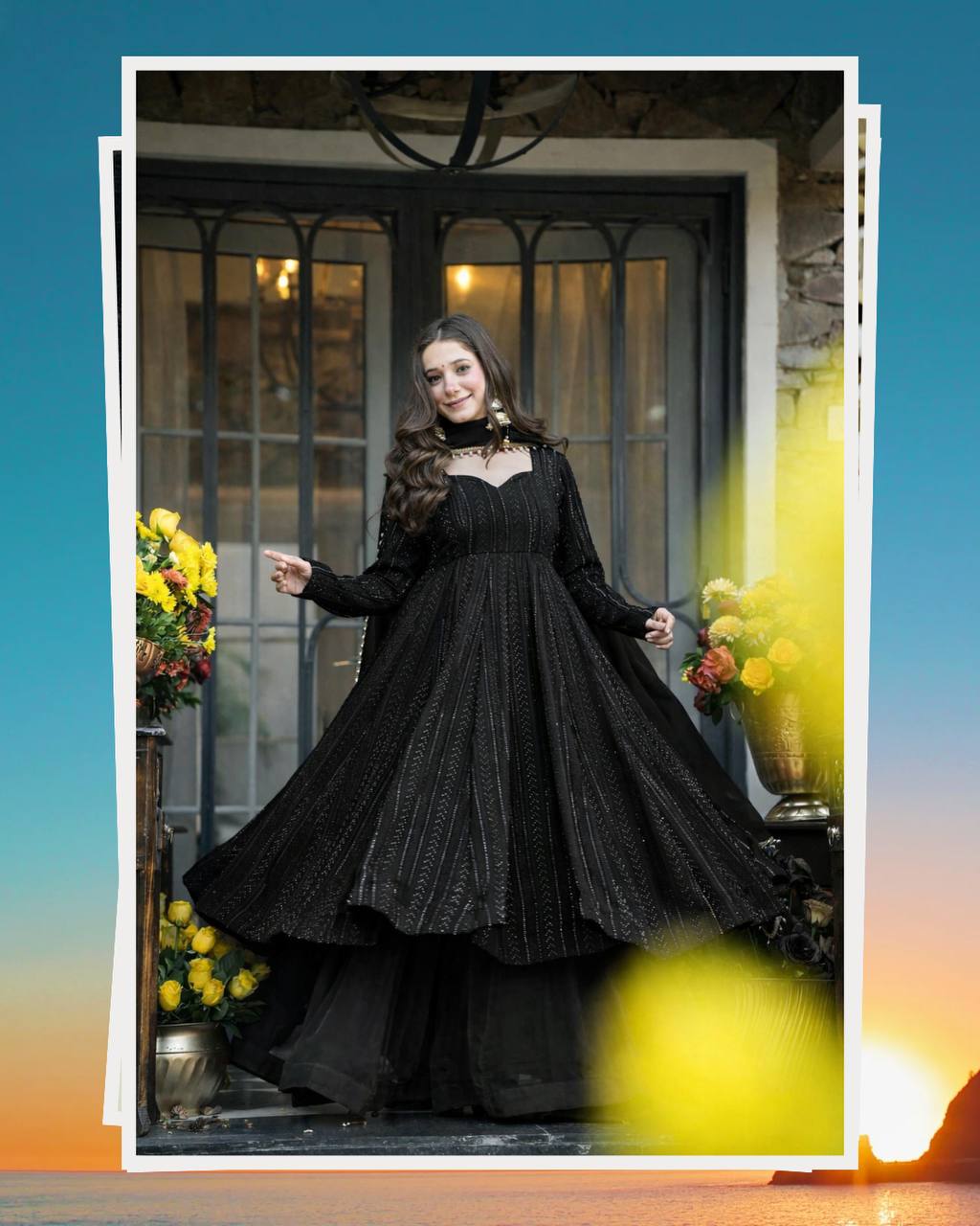 Women's Black Shimmer Anarkali Suit Set with Dupatta
