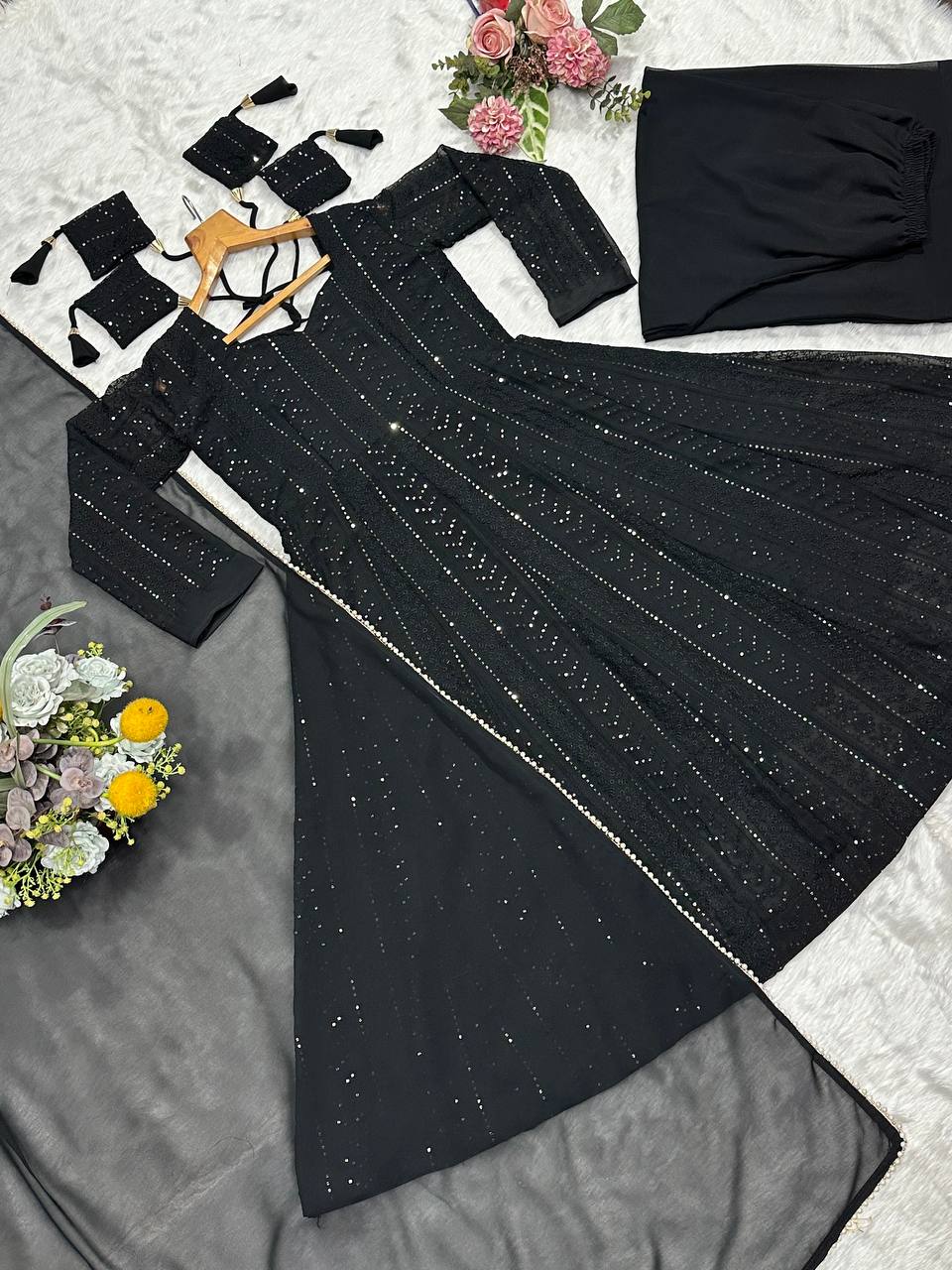 Women's Black Shimmer Anarkali Suit Set with Dupatta