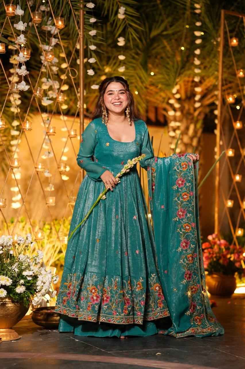 Teal Embroidered Anarkali Suit