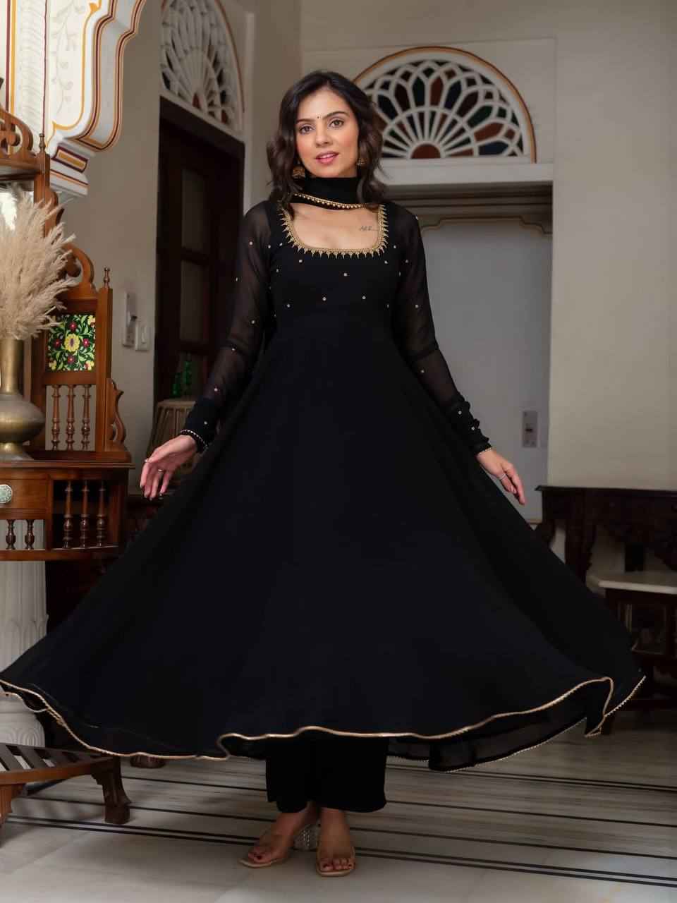 Midnight Black Embroidered Anarkali Set