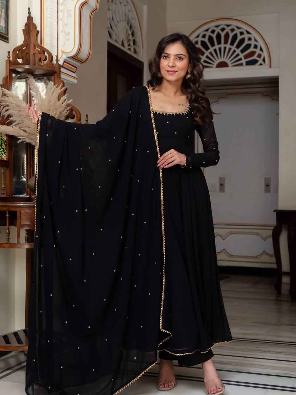 Midnight Black Embroidered Anarkali Set