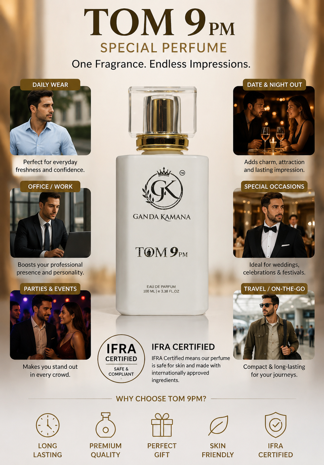 GANDA KAMANA TOM 9 PM Eau De Parfum for Men 100ML | Long Lasting Premium Fragrance