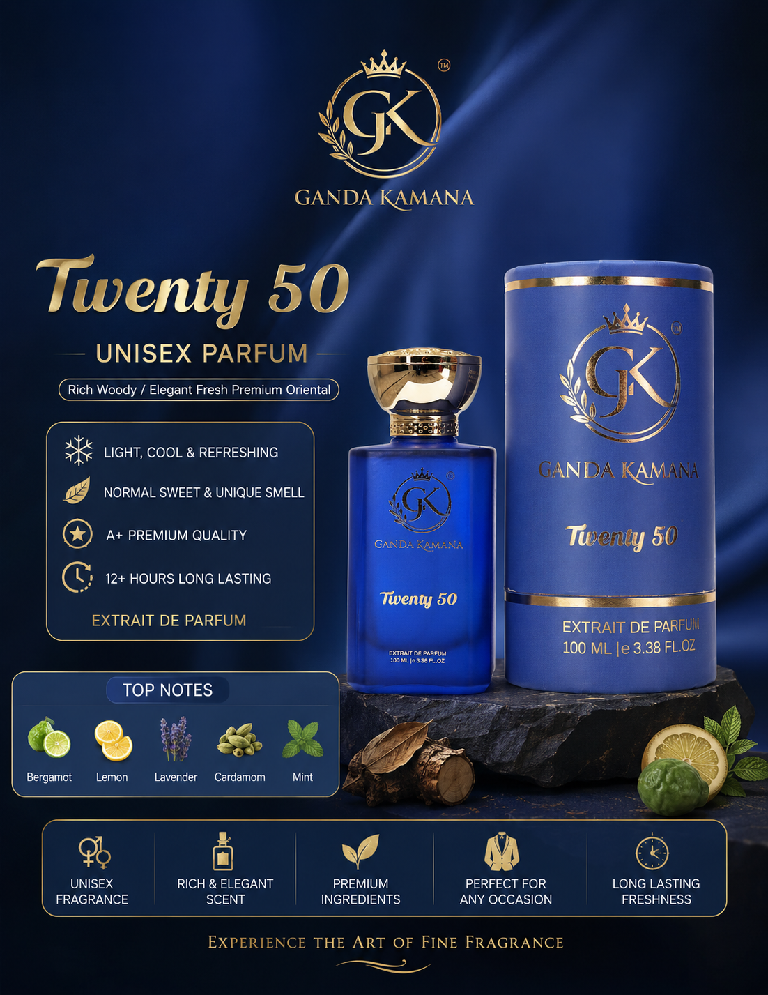 Ganda Kamana Twenty 50 Extrait De Parfum | Grapefruit, Bergamot, Cardamom Woody Fragrance 100ml