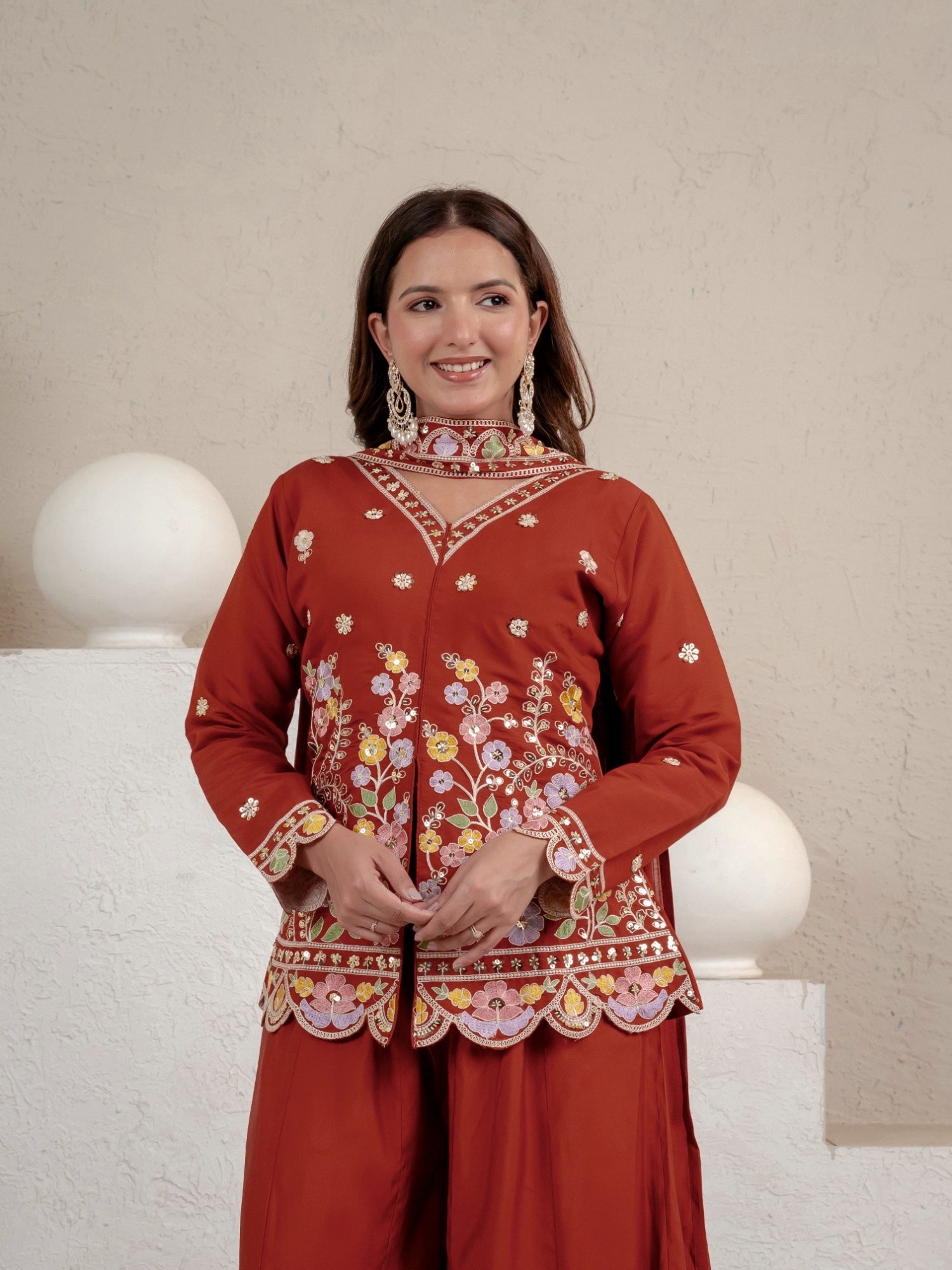 Women's Rust Embroidered Roman Silk Kurta with Sharara & Dupatta Set