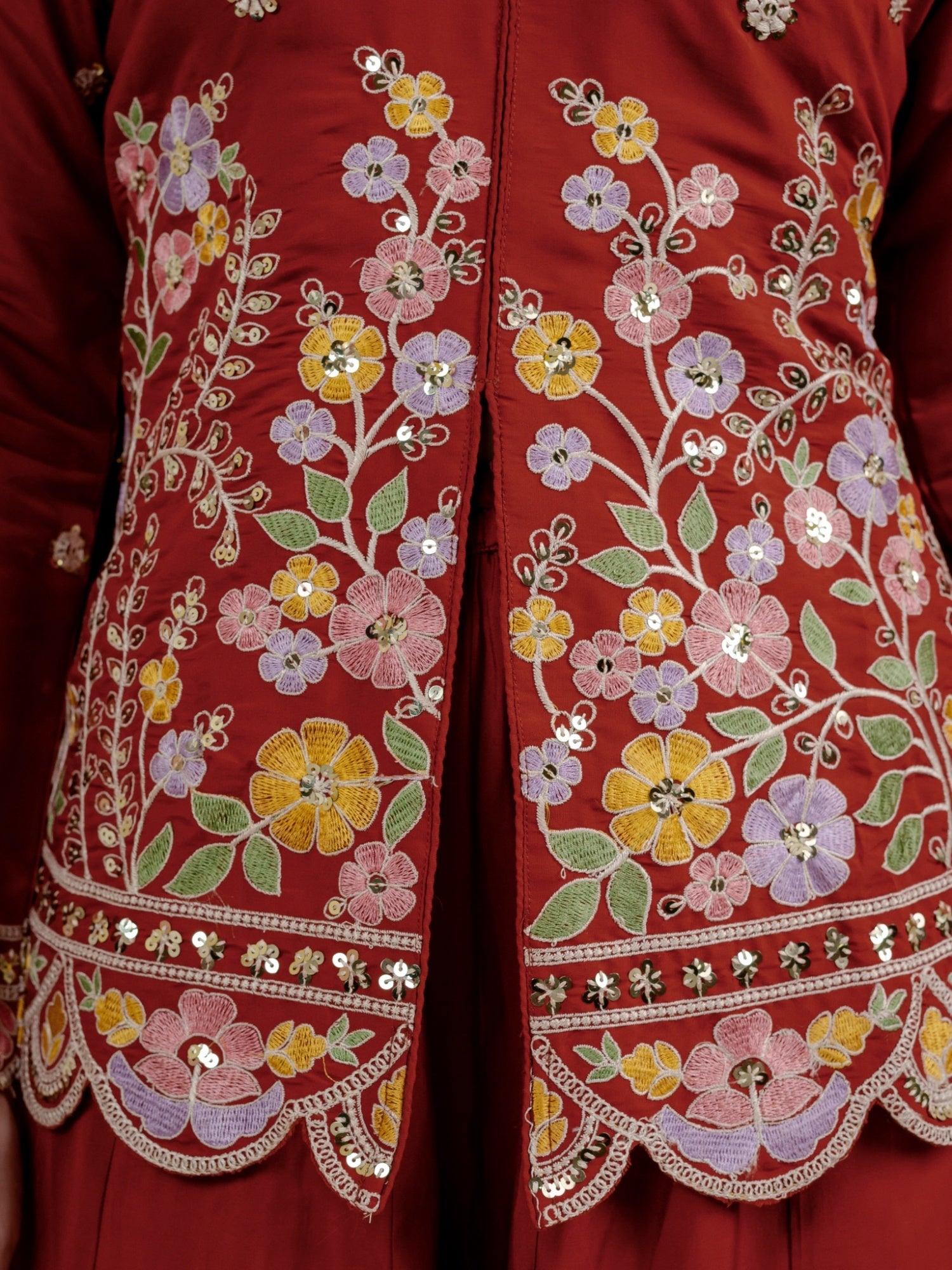 Women's Rust Embroidered Roman Silk Kurta with Sharara & Dupatta Set