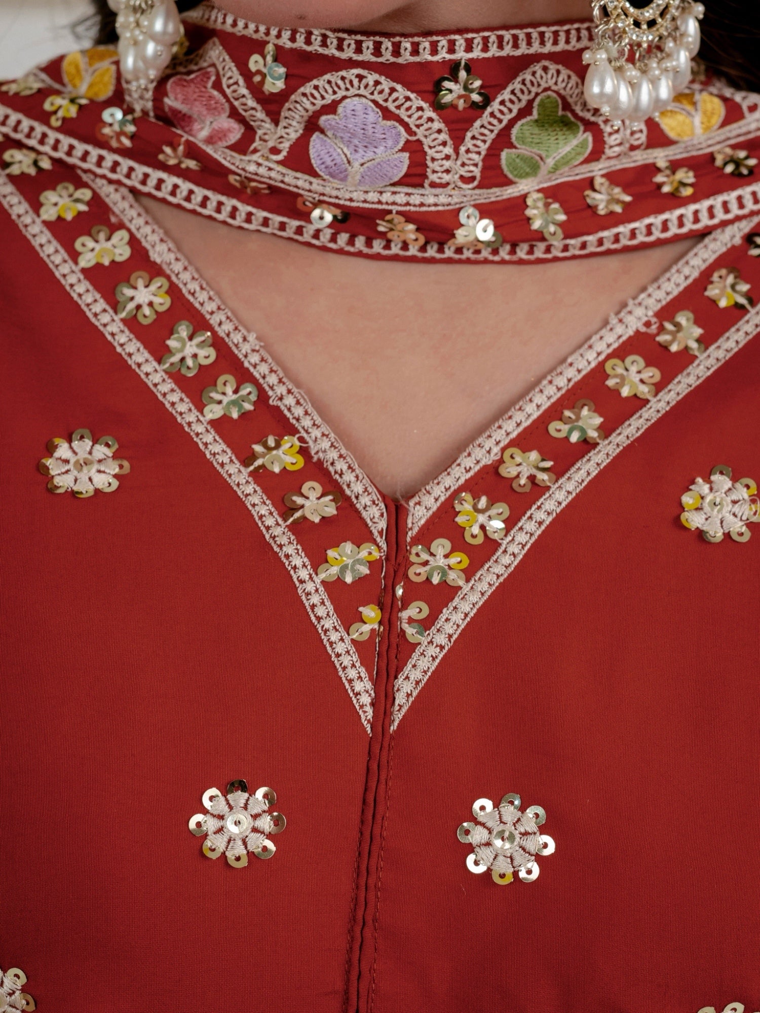 Women's Rust Embroidered Roman Silk Kurta with Sharara & Dupatta Set