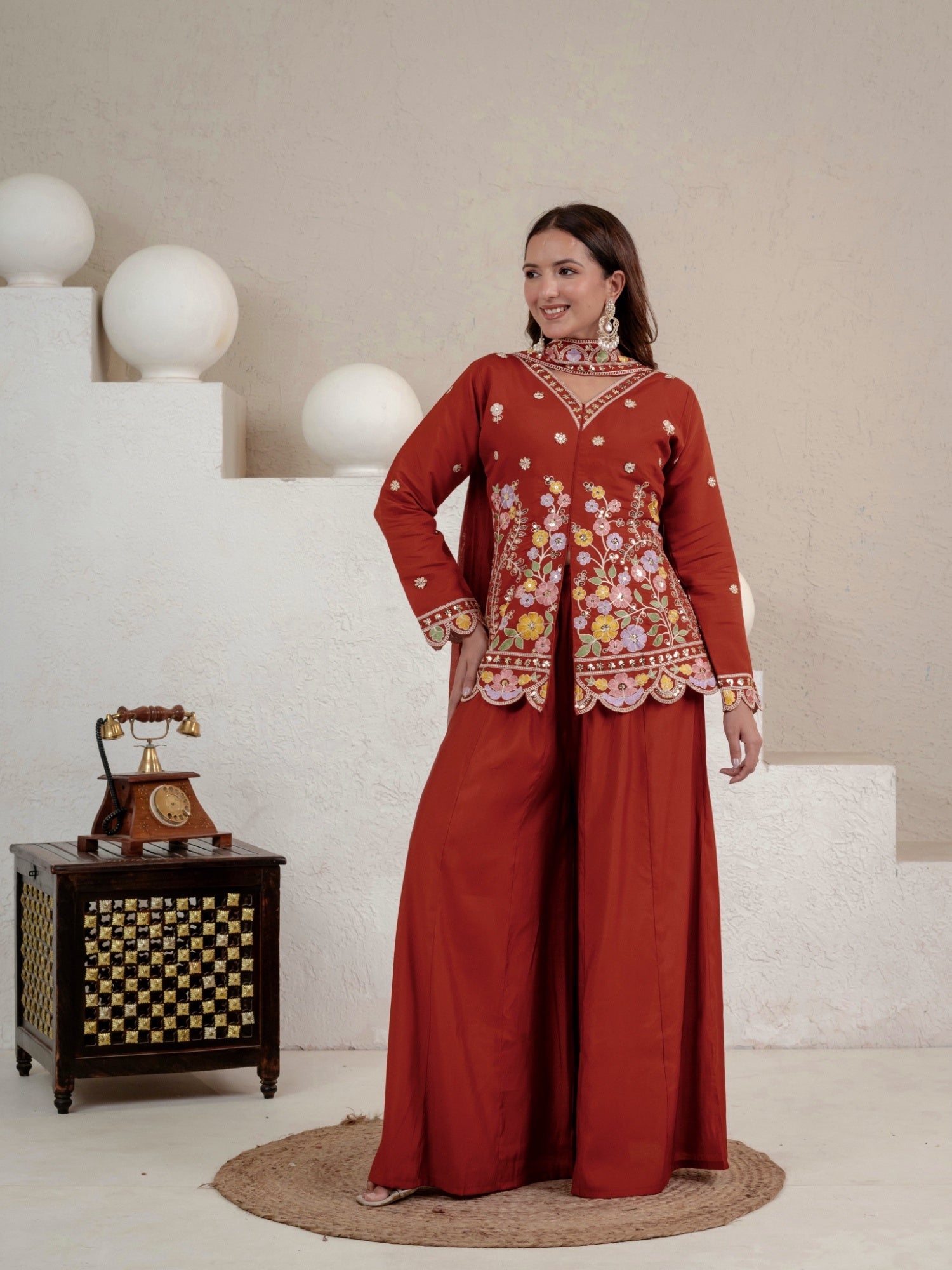 Women's Rust Embroidered Roman Silk Kurta with Sharara & Dupatta Set