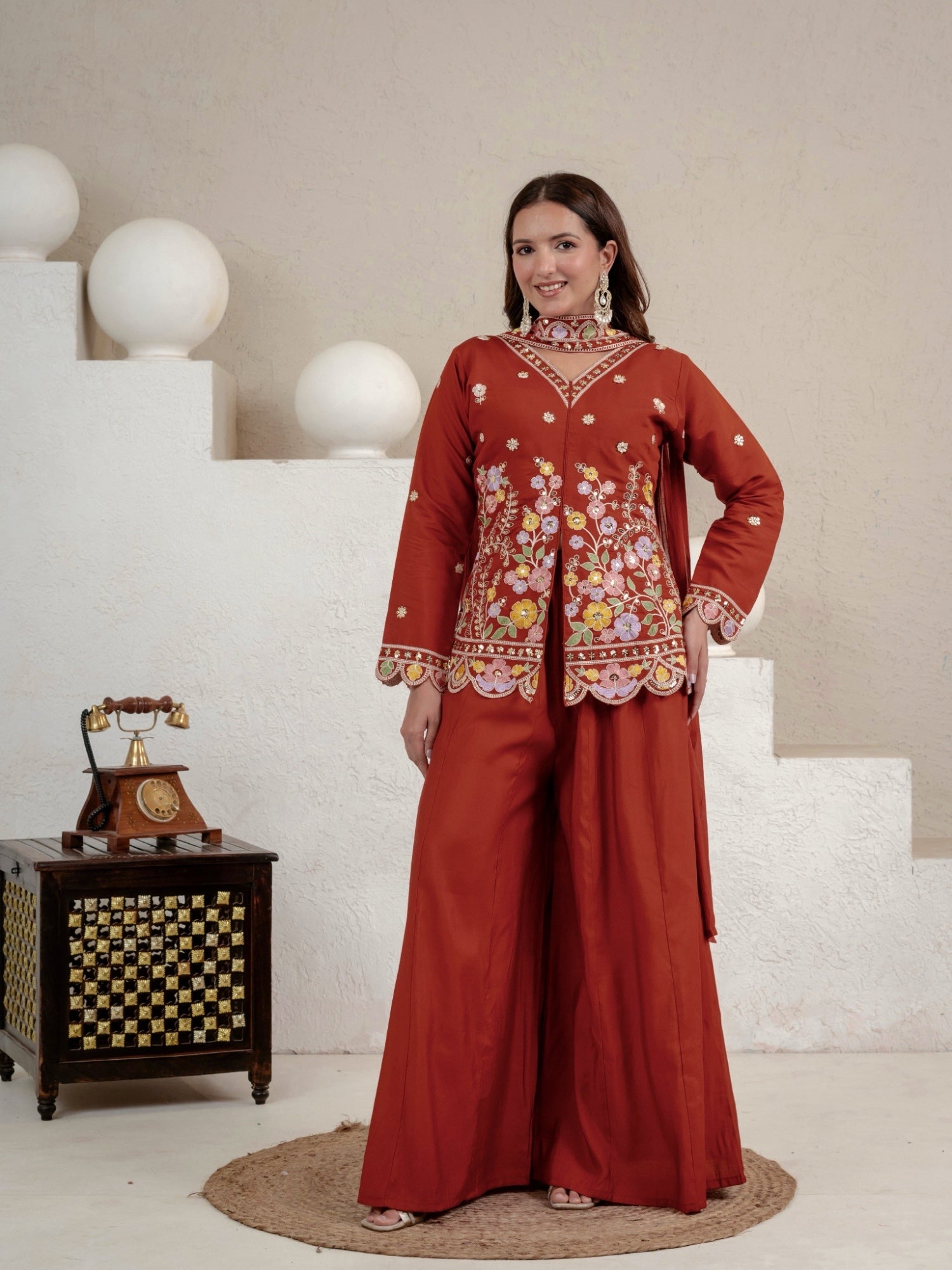 Women's Rust Embroidered Roman Silk Kurta with Sharara & Dupatta Set