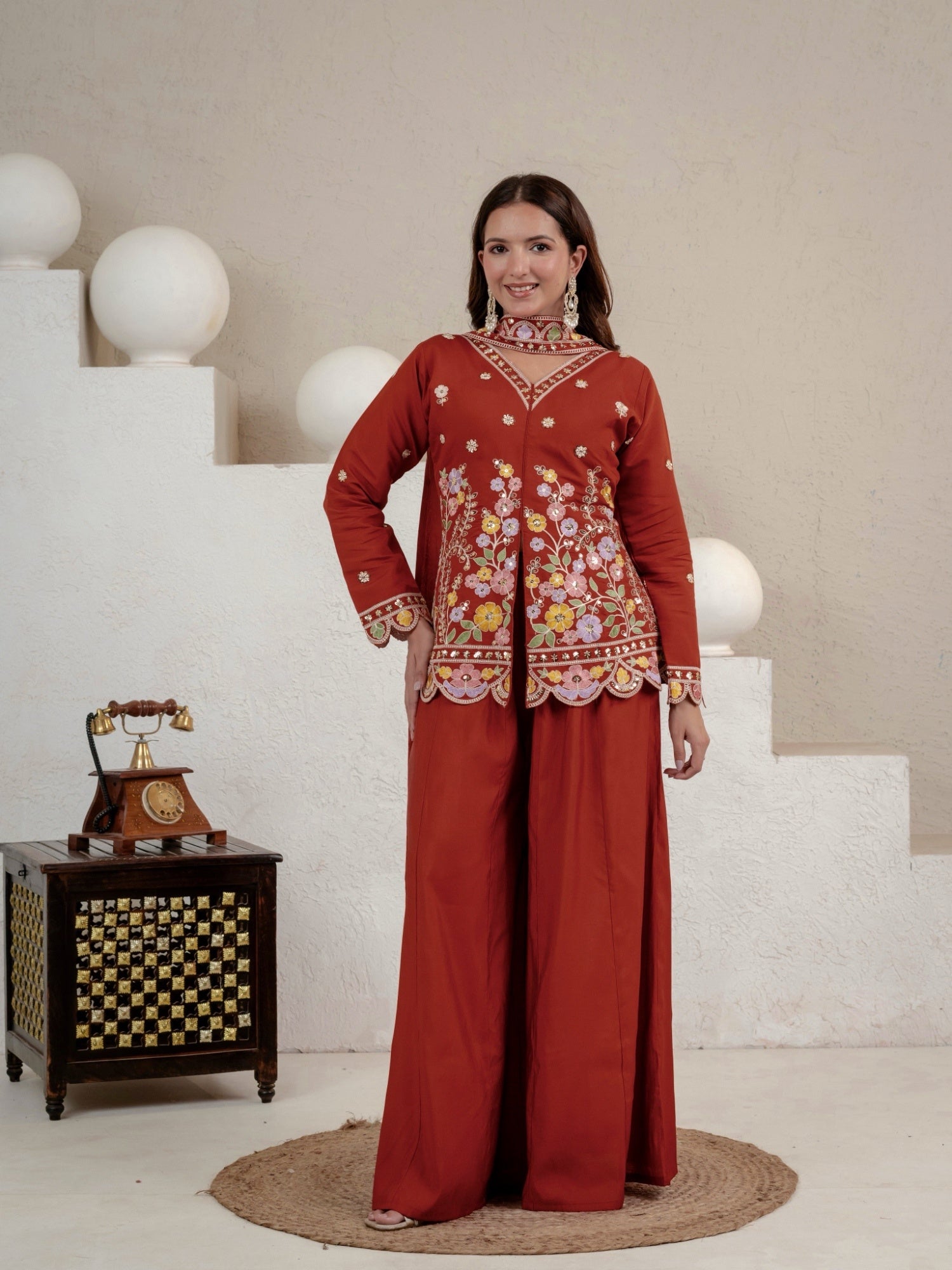 Women's Rust Embroidered Roman Silk Kurta with Sharara & Dupatta Set
