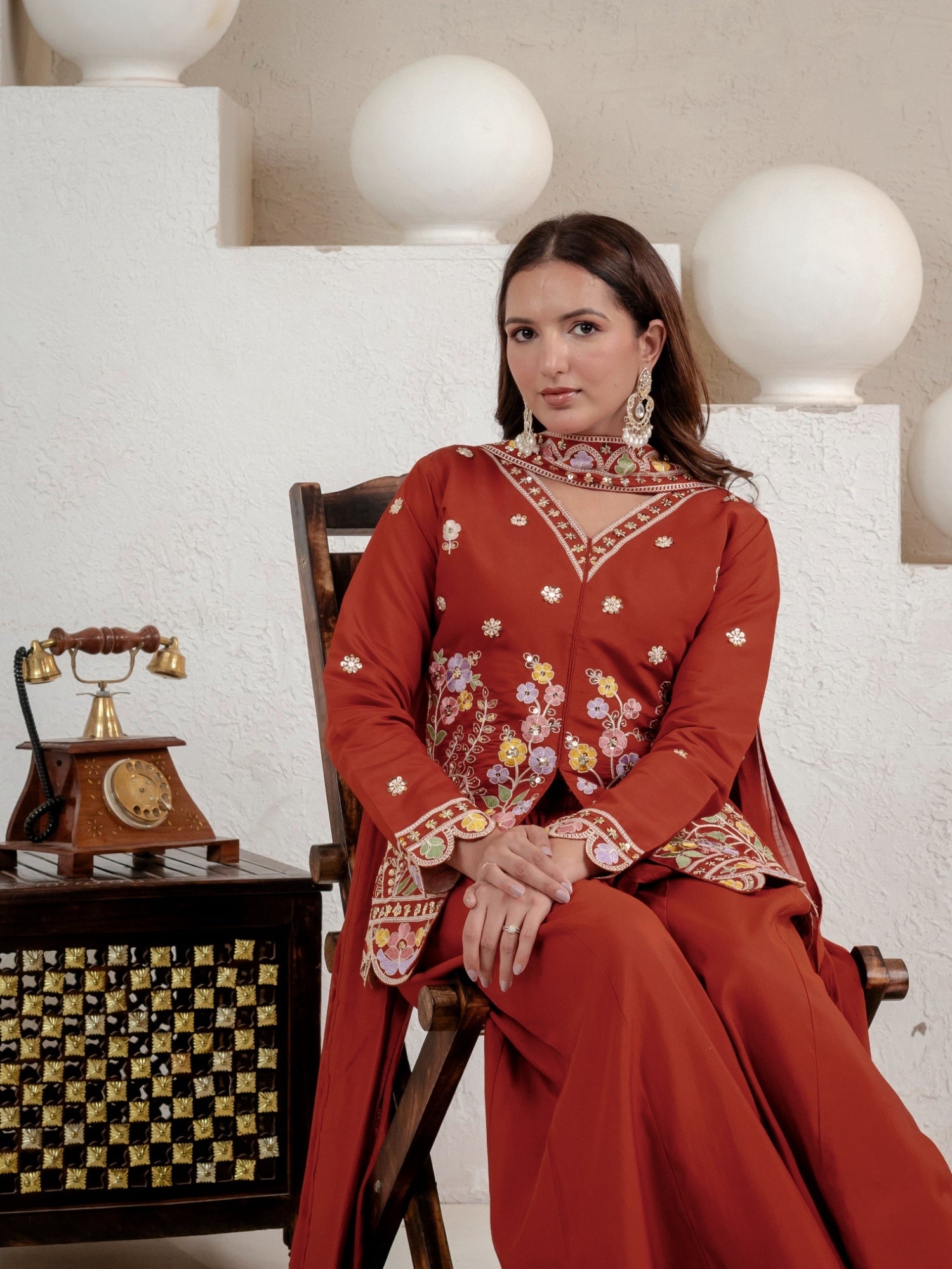 Women's Rust Embroidered Roman Silk Kurta with Sharara & Dupatta Set