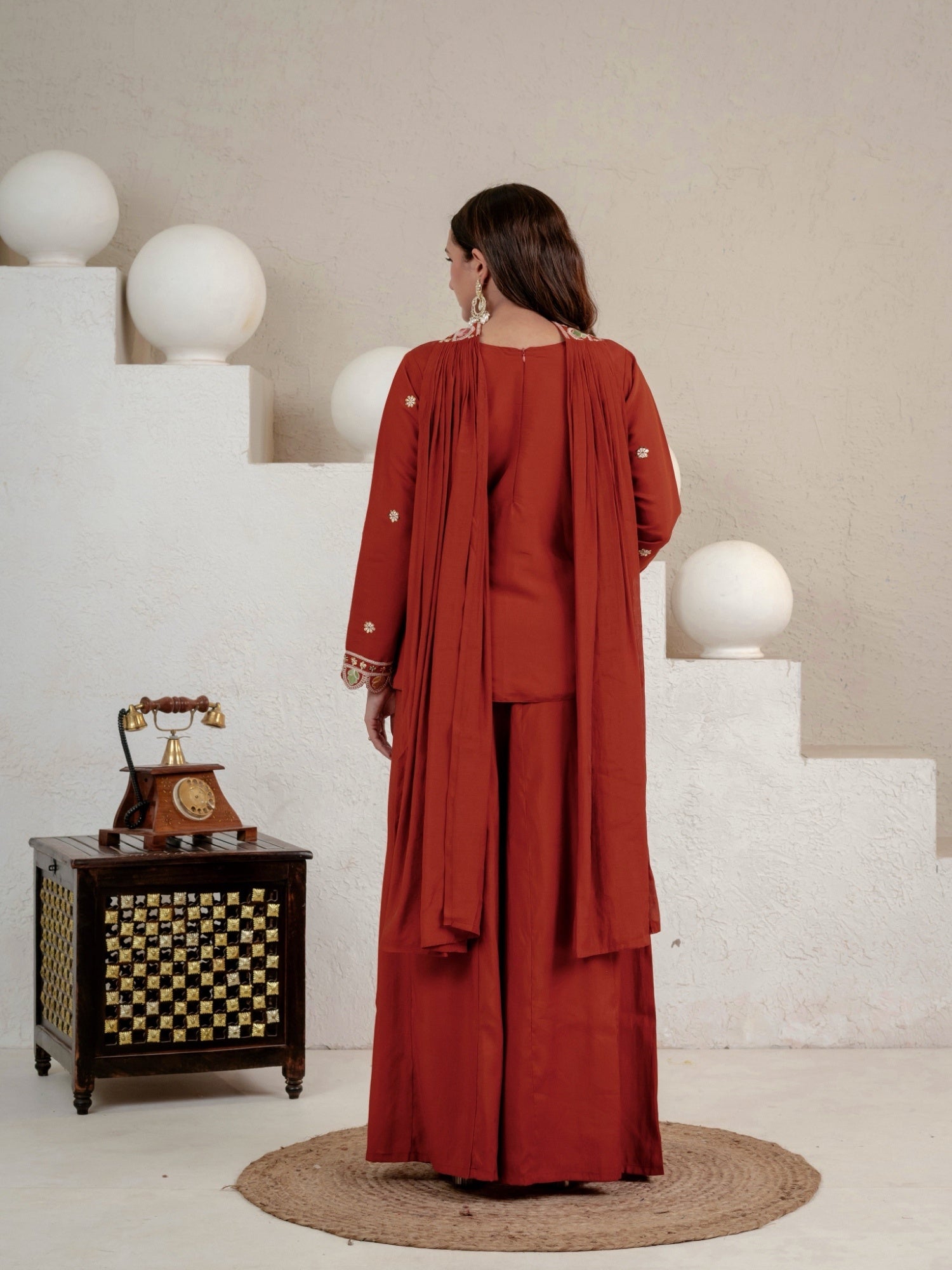 Women's Rust Embroidered Roman Silk Kurta with Sharara & Dupatta Set