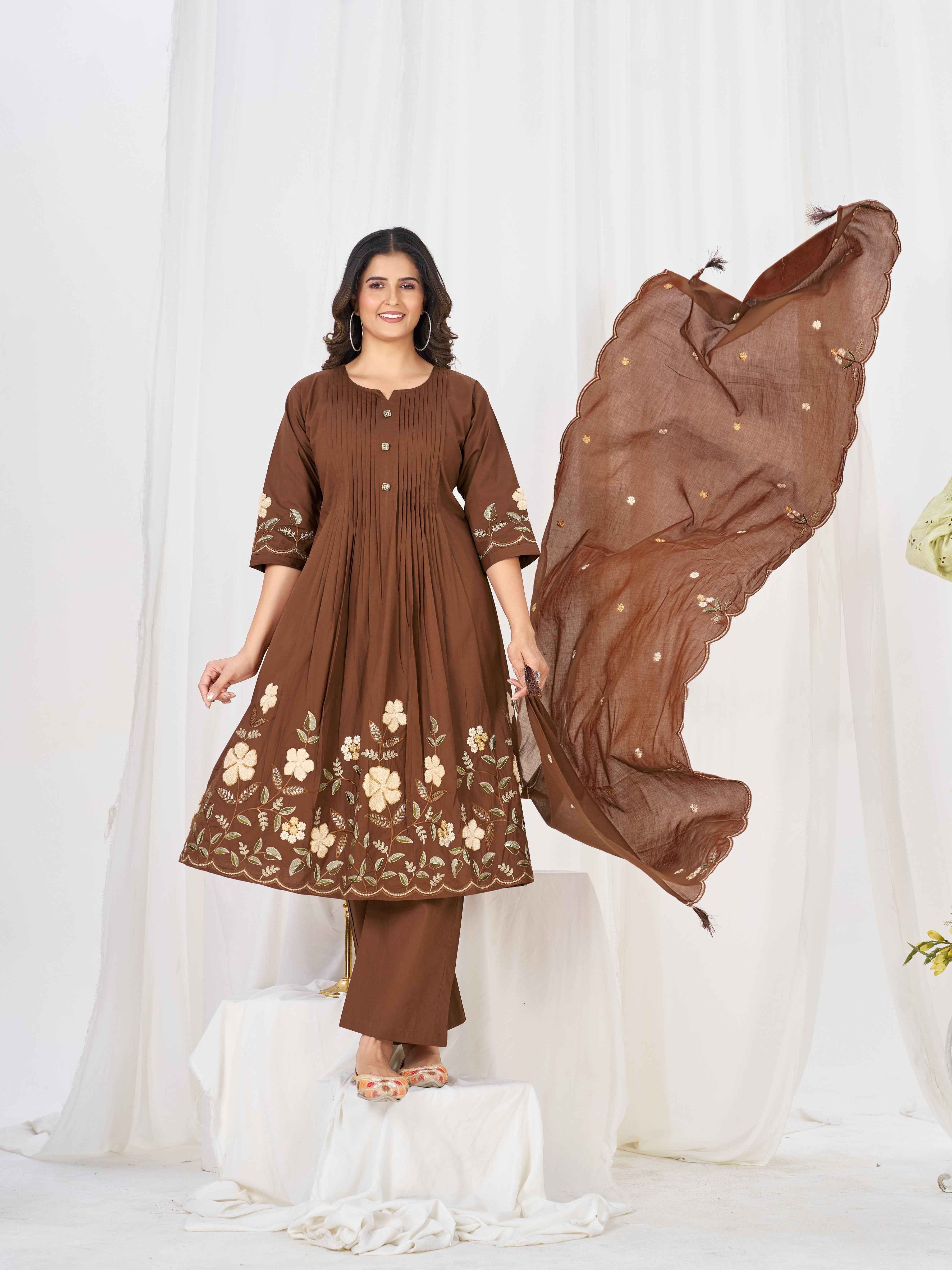 Brown Floral Embroidered Cotton Suit Set with Dupatta