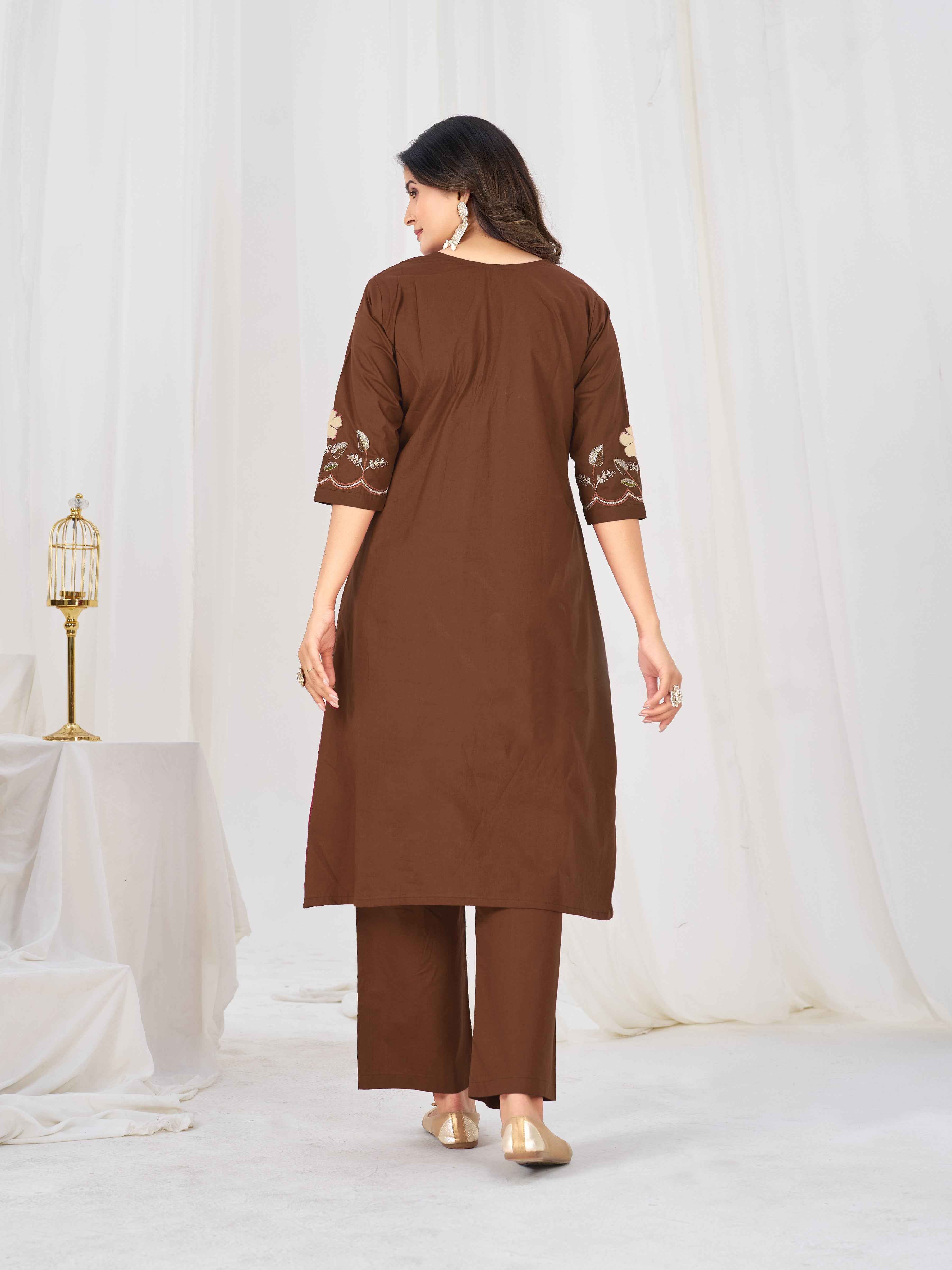 Brown Floral Embroidered Cotton Suit Set with Dupatta