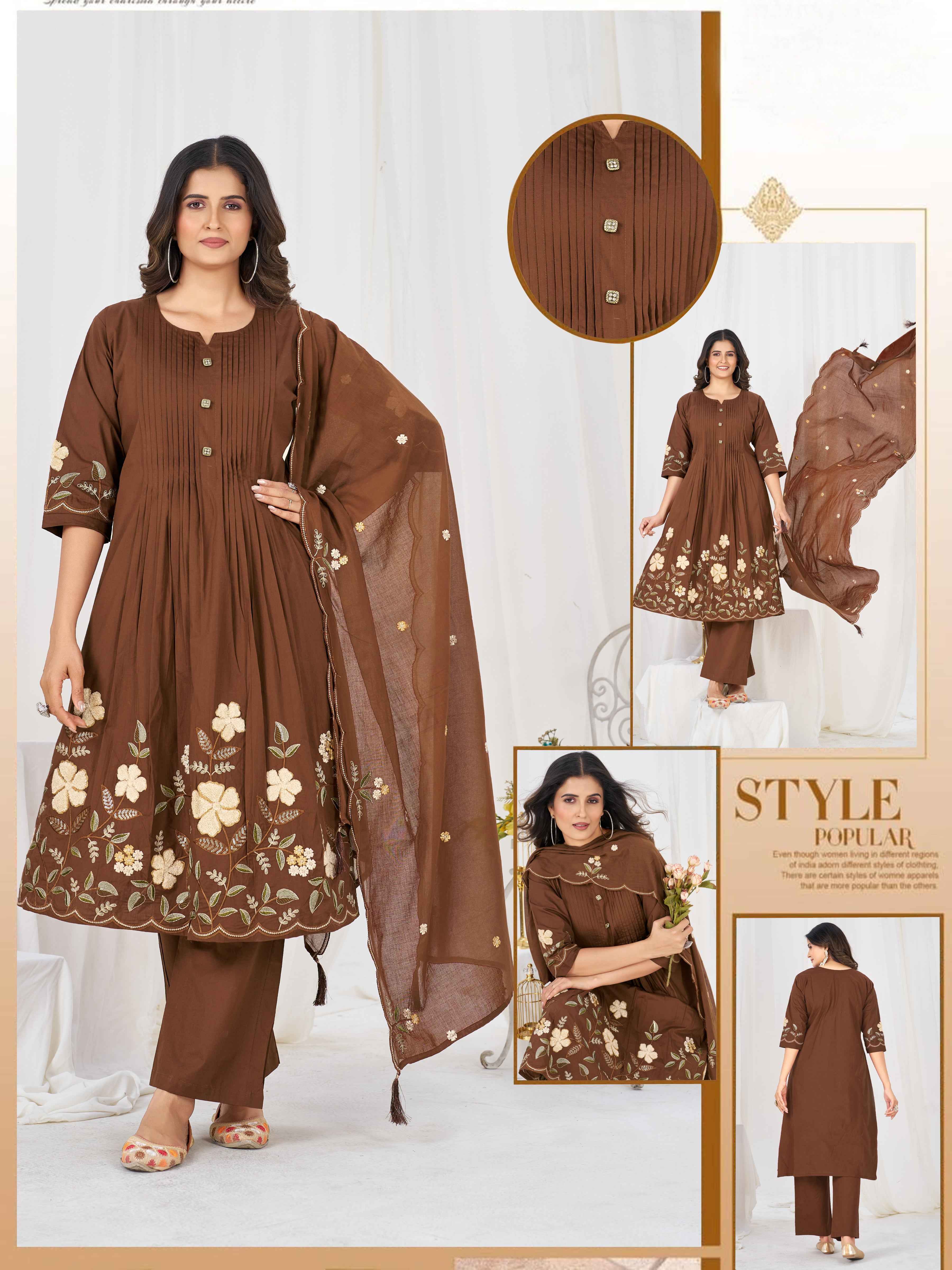 Brown Floral Embroidered Cotton Suit Set with Dupatta