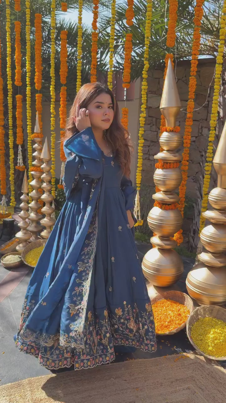 Women's Ivory Embroidered Anarkali Suit Set with Dupatta | Festive & Wedding Wear